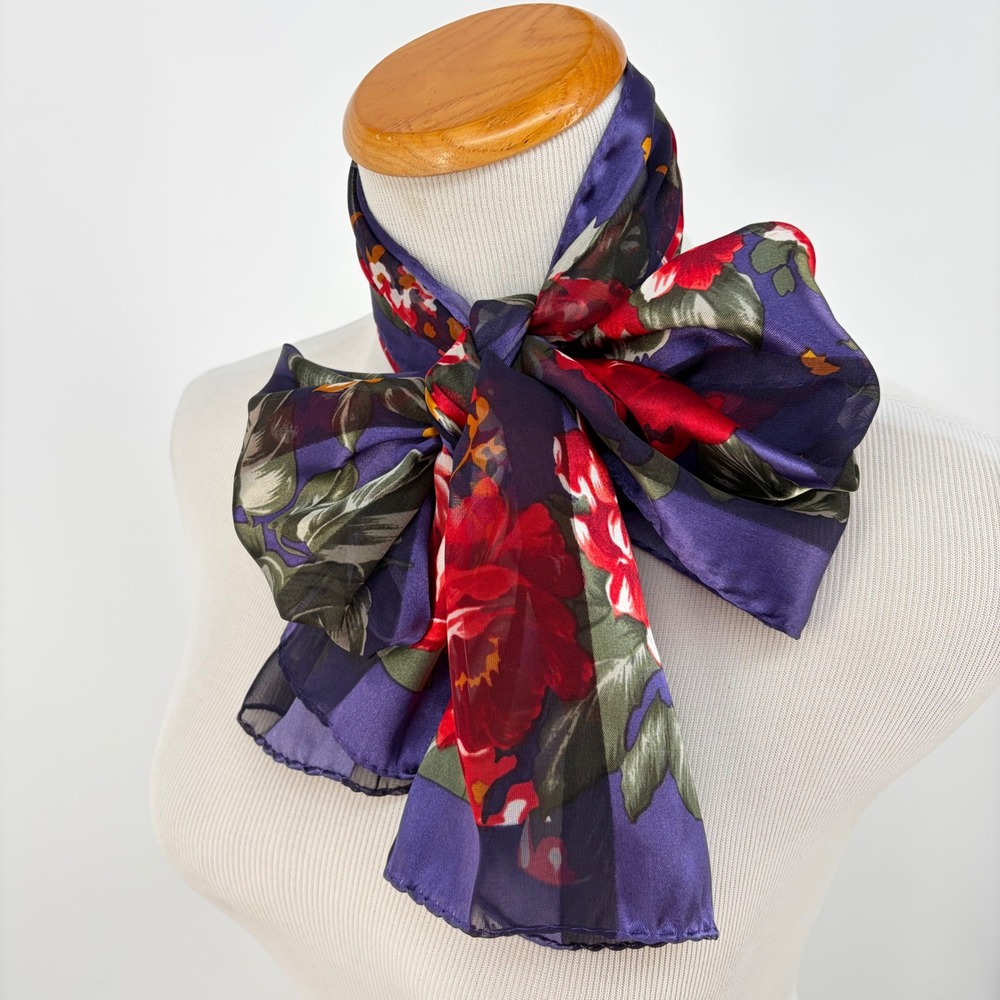 Elaine Gold Scarf Floral Striped Sheer Purple Red Romantic Dark Retro Signed